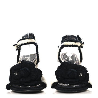 Chanel Tweed Camelia CC Block Heel Sandals 38 Ecru Black 3 of 9