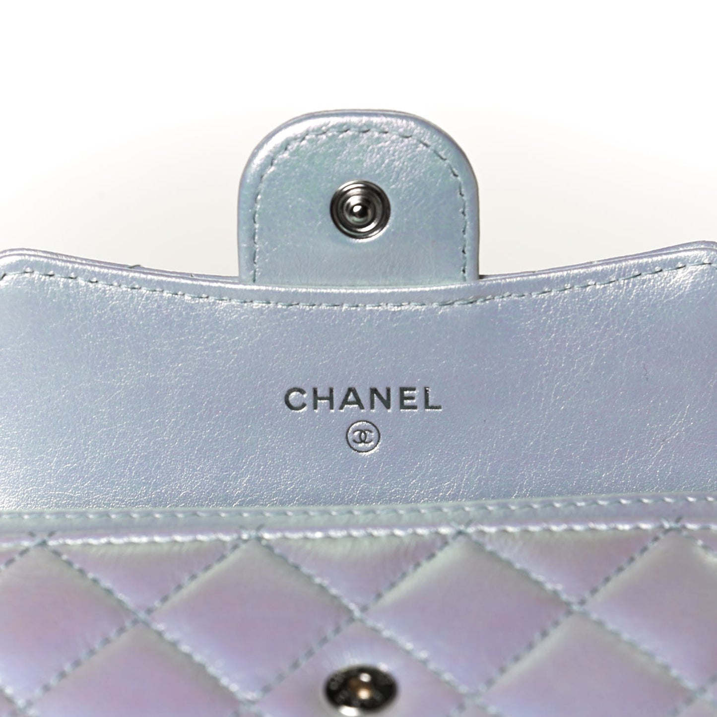 Iridescent Calfskin Quilted Flap Card Holder Light Blue