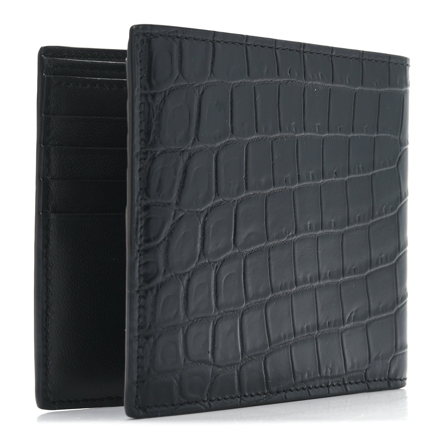 Saint Laurent Calfskin Crocodile Embossed Tiny Cassandre East West Wallet Black 3 of 7
