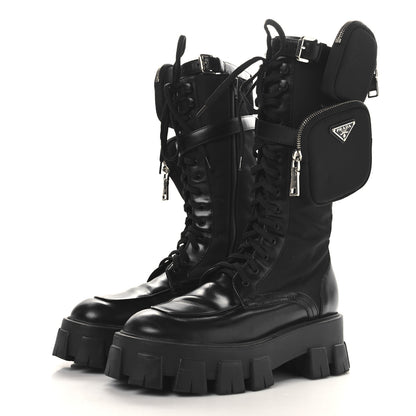 Prada Spazzolato Rois Re-Nylon Metal Triangle Logo Monolith Pouch Pocket 55mm Tall Combat Boots 39.5 Black 3 of 9