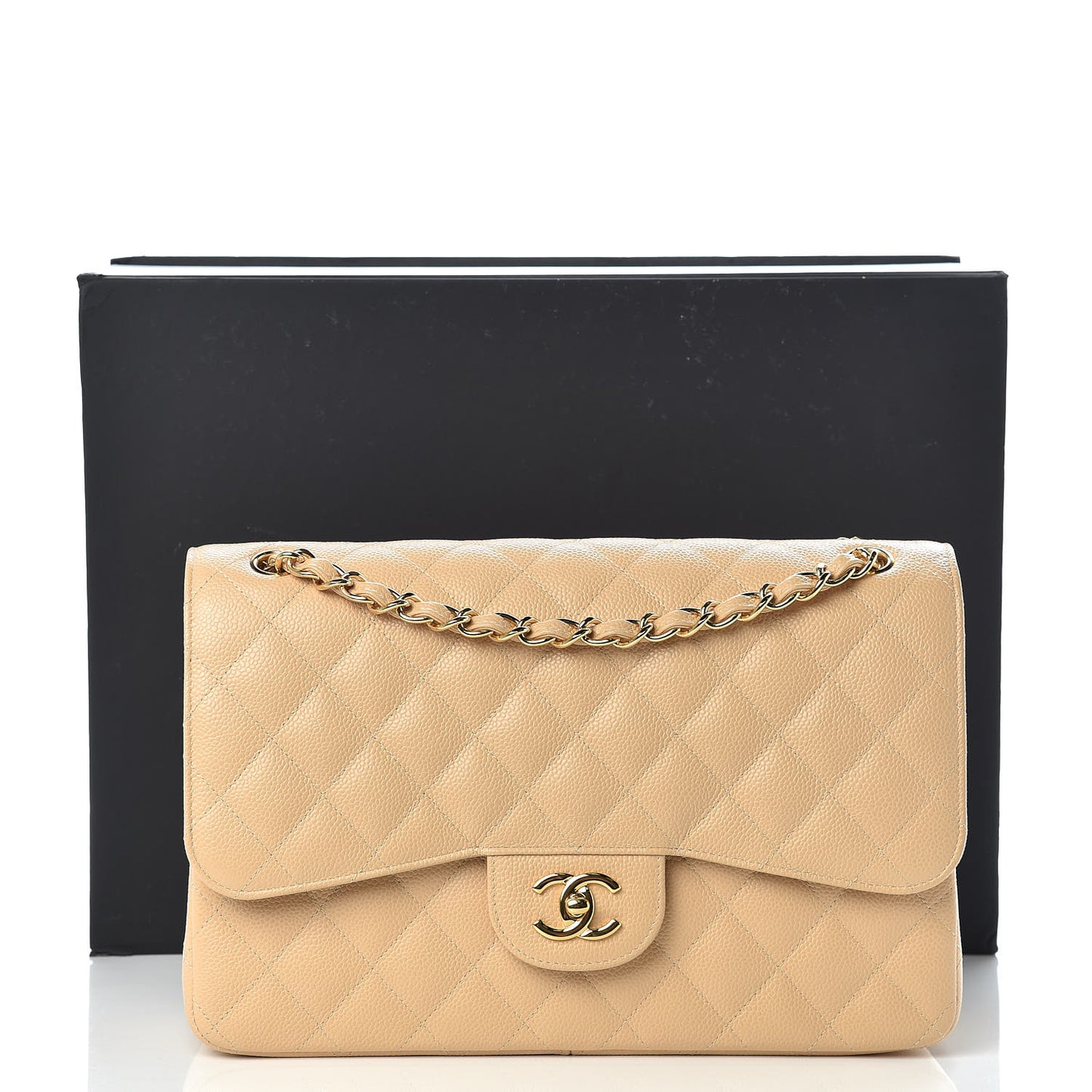 Caviar Quilted Jumbo Double Flap Light Beige