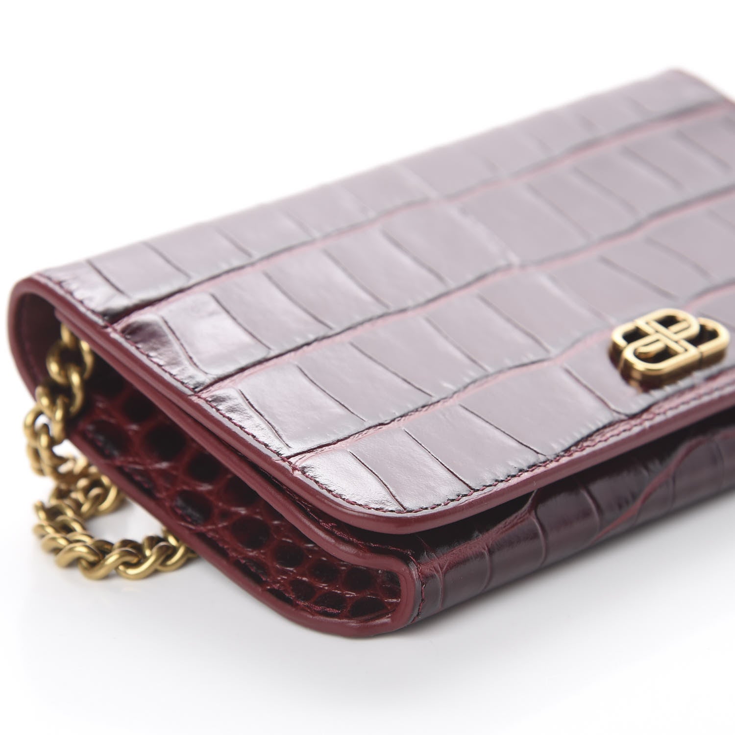 Balenciaga Shiny Calfskin Crocodile Embossed BB Phone Holder Wallet On Chain Dark Red 5 of 7