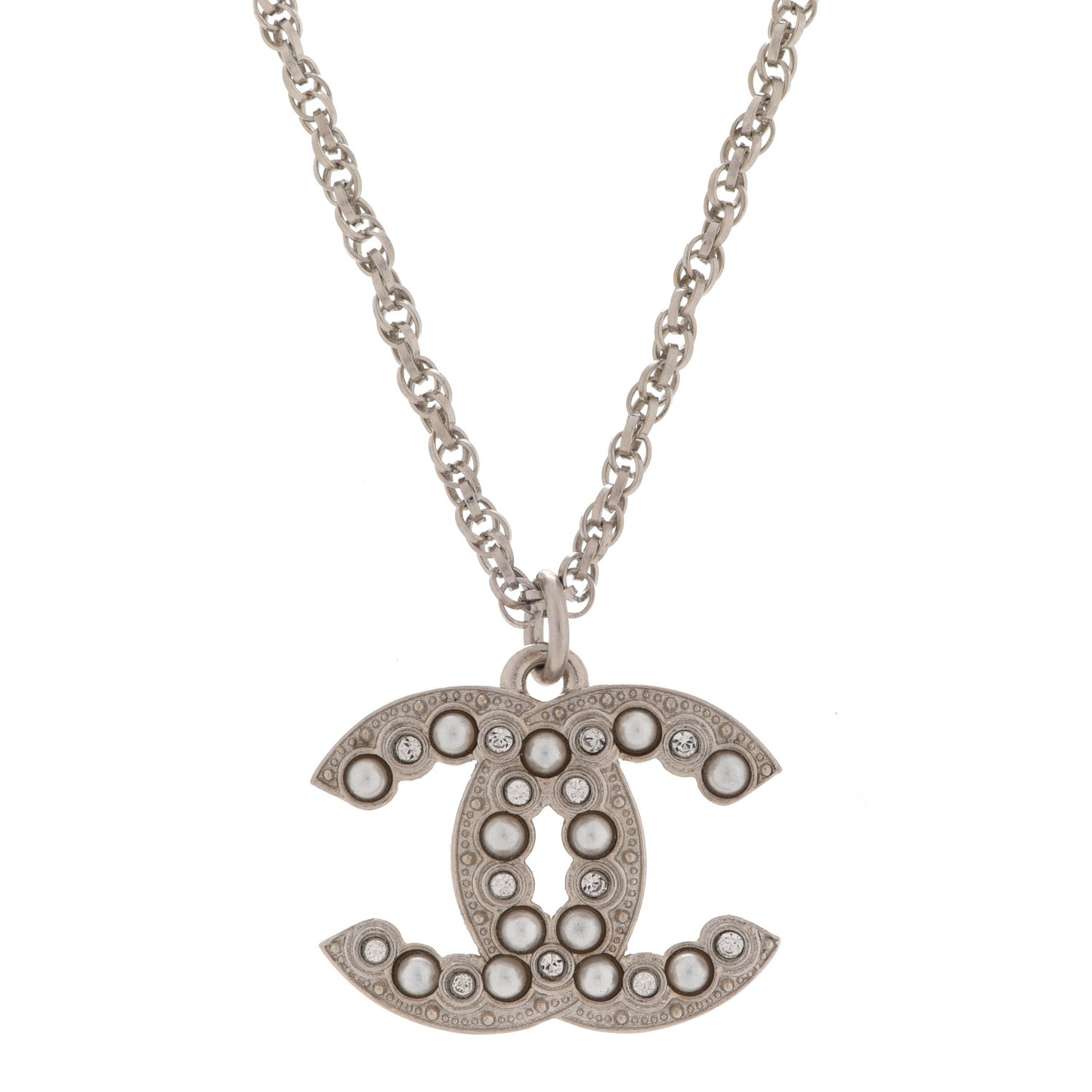 Crystal Pearl CC Pendant Necklace Silver