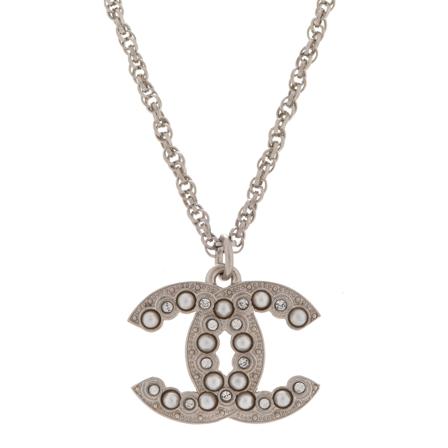 Chanel Crystal Pearl CC Pendant Necklace Silver 4 of 6