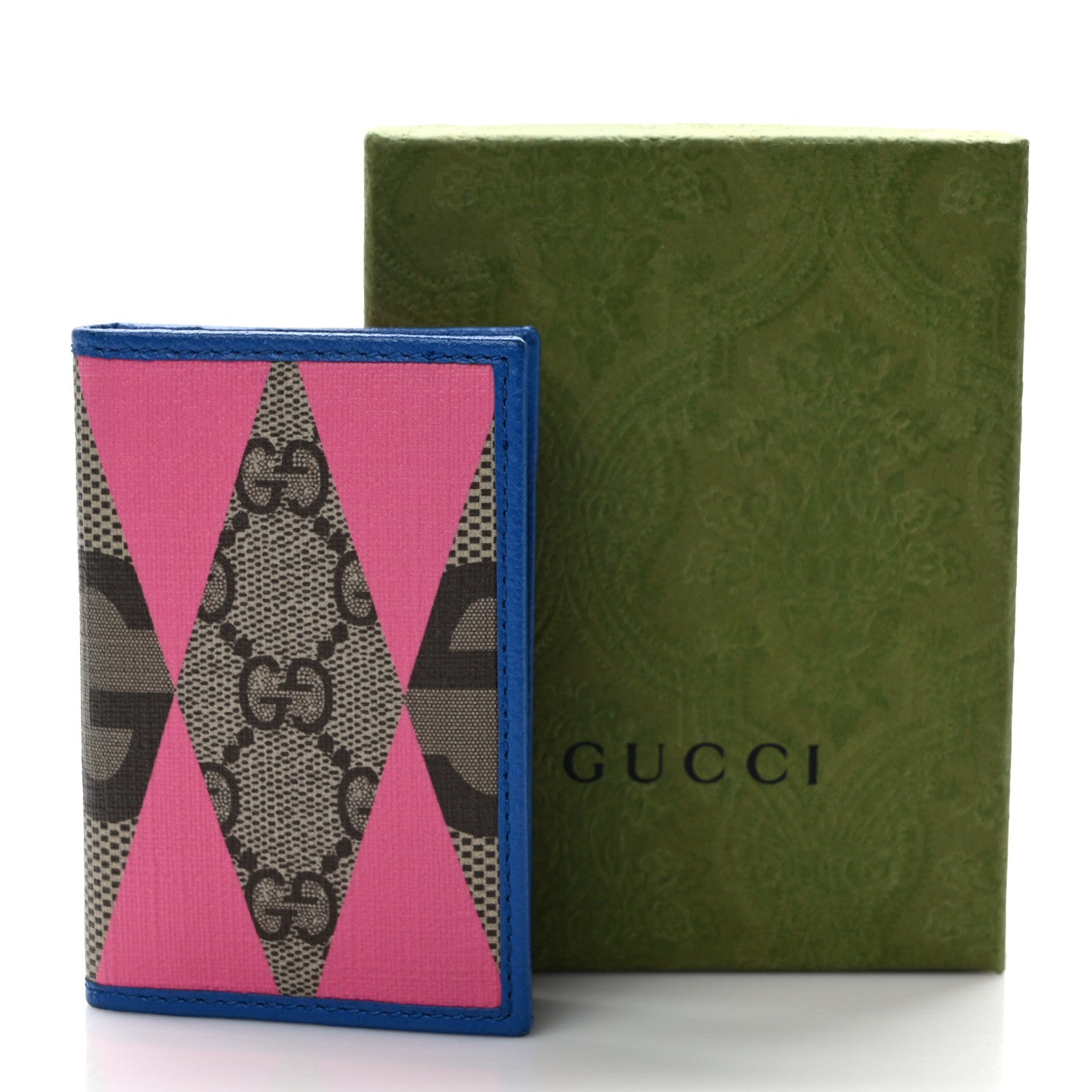 Gucci GG Supreme Monogram Textured Dollar Calfskin Rhombus Print Card Case Beige Ebony Pink 7 of 7