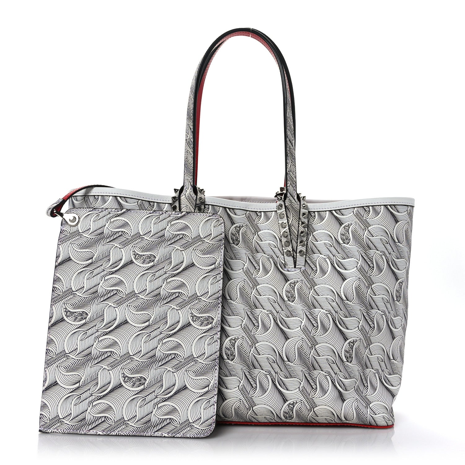 Christian Louboutin Toile Monogram Calfskin Printed Spikes Small East West Cabata Tote White Black White Black 2 of 10