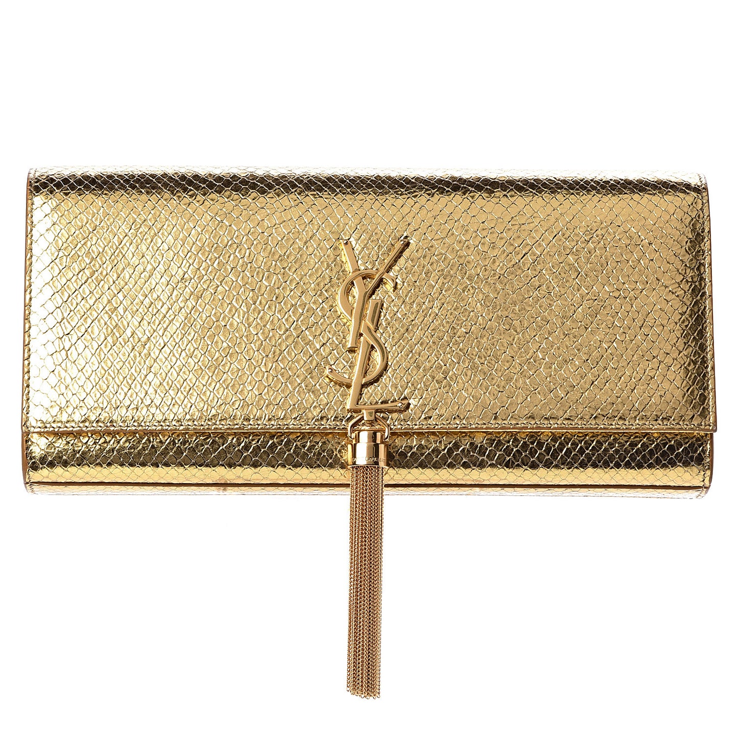 Metallic Calfskin Embossed Classic Monogram Tassel Clutch Gold