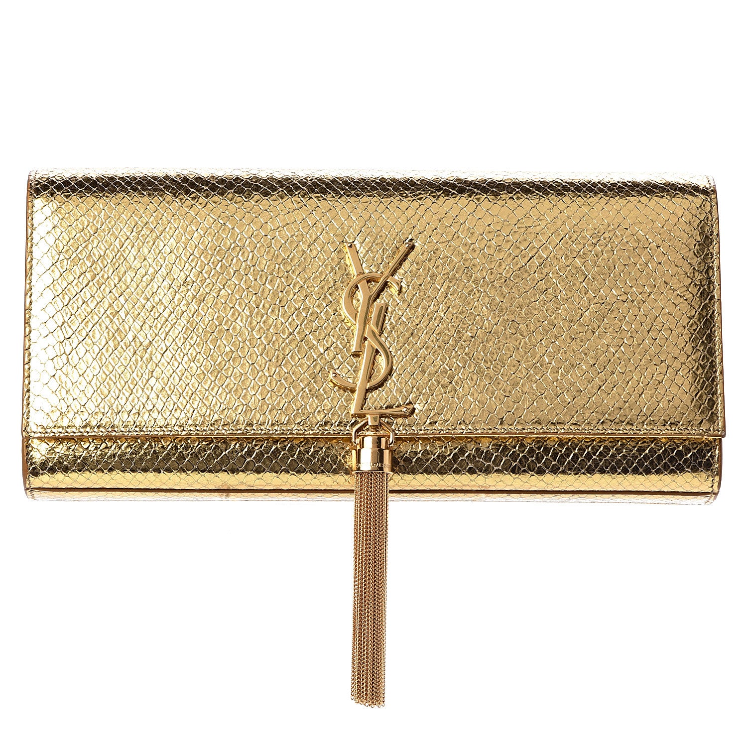 Saint Laurent Metallic Calfskin Embossed Classic Monogram Tassel Clutch Gold 1 of 9