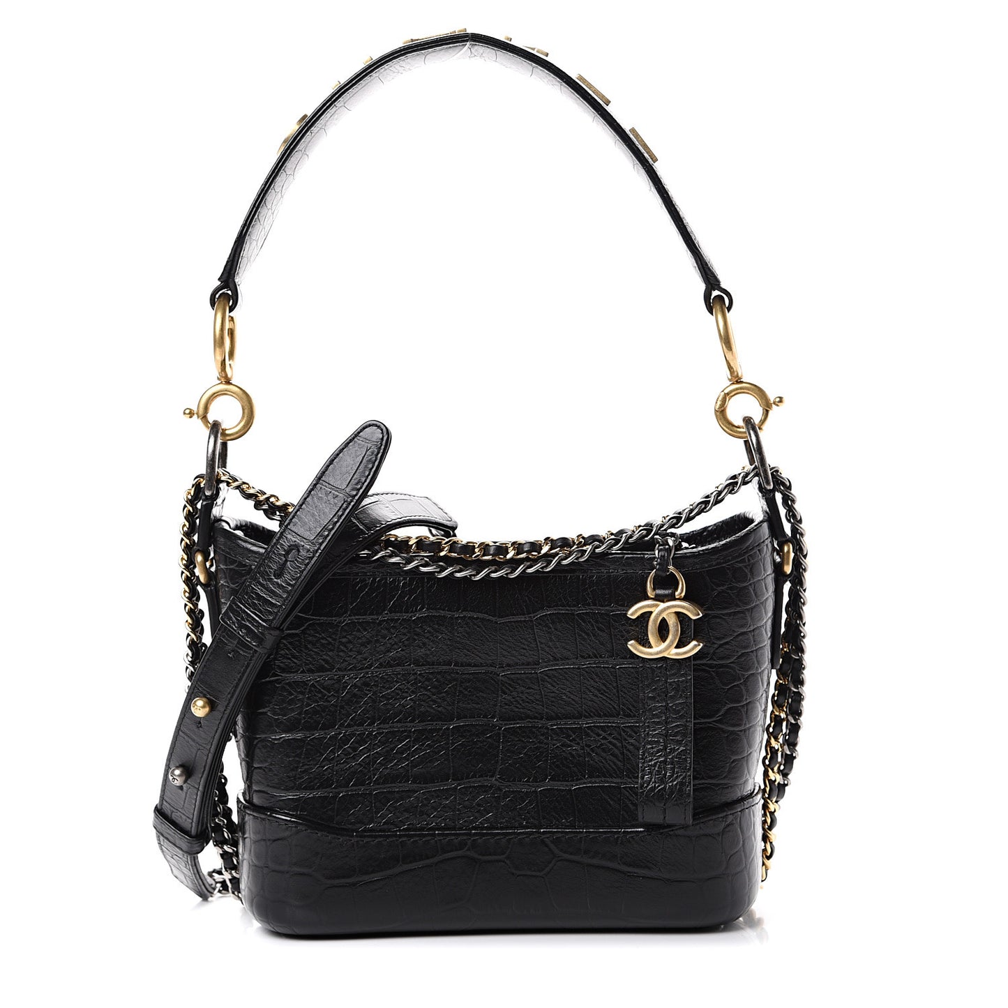 Calfskin Crocodile Embossed Small Gabrielle Cocodile Hobo Black