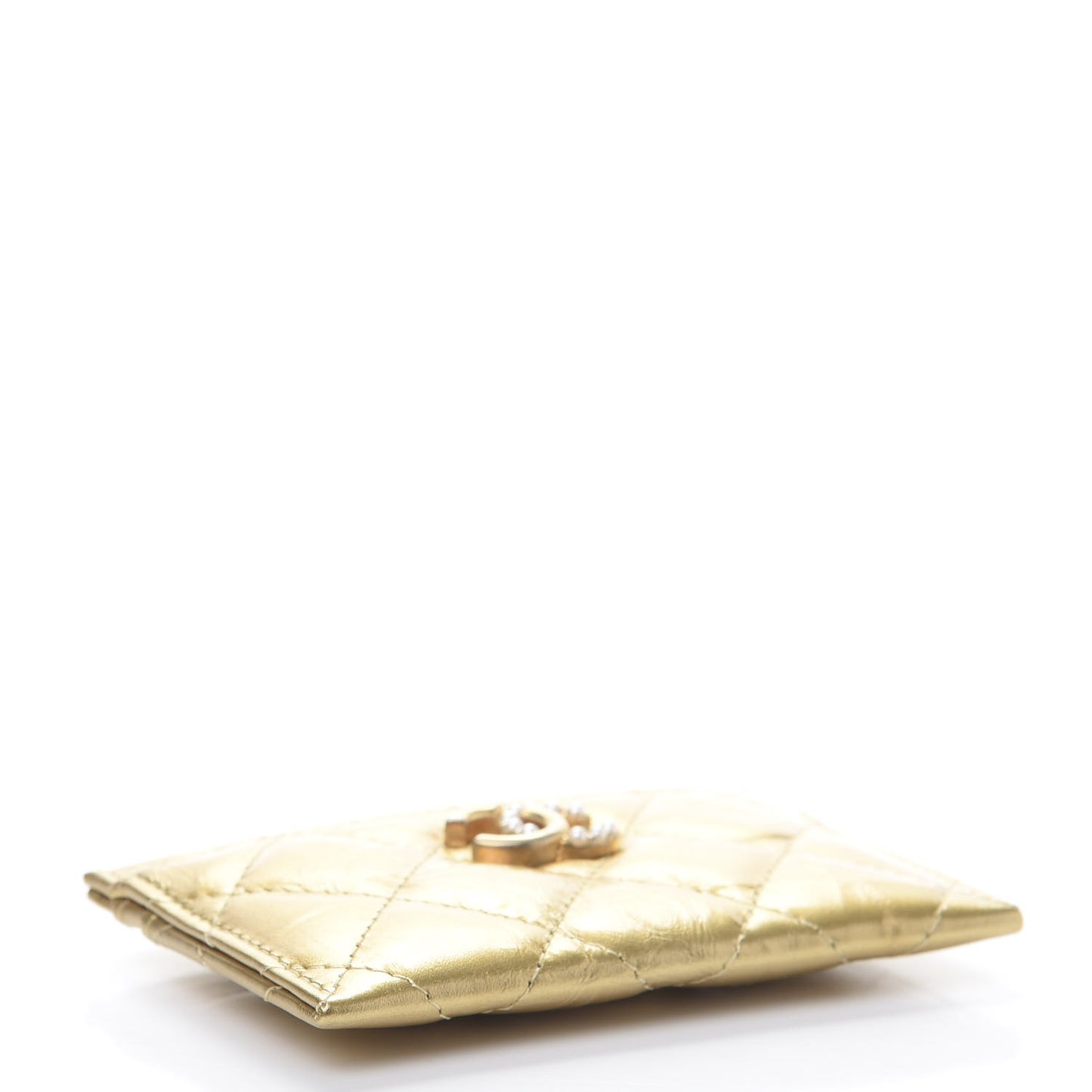 Aged Metallic Calfskin Pearl CC Quilted Card Holder Gold