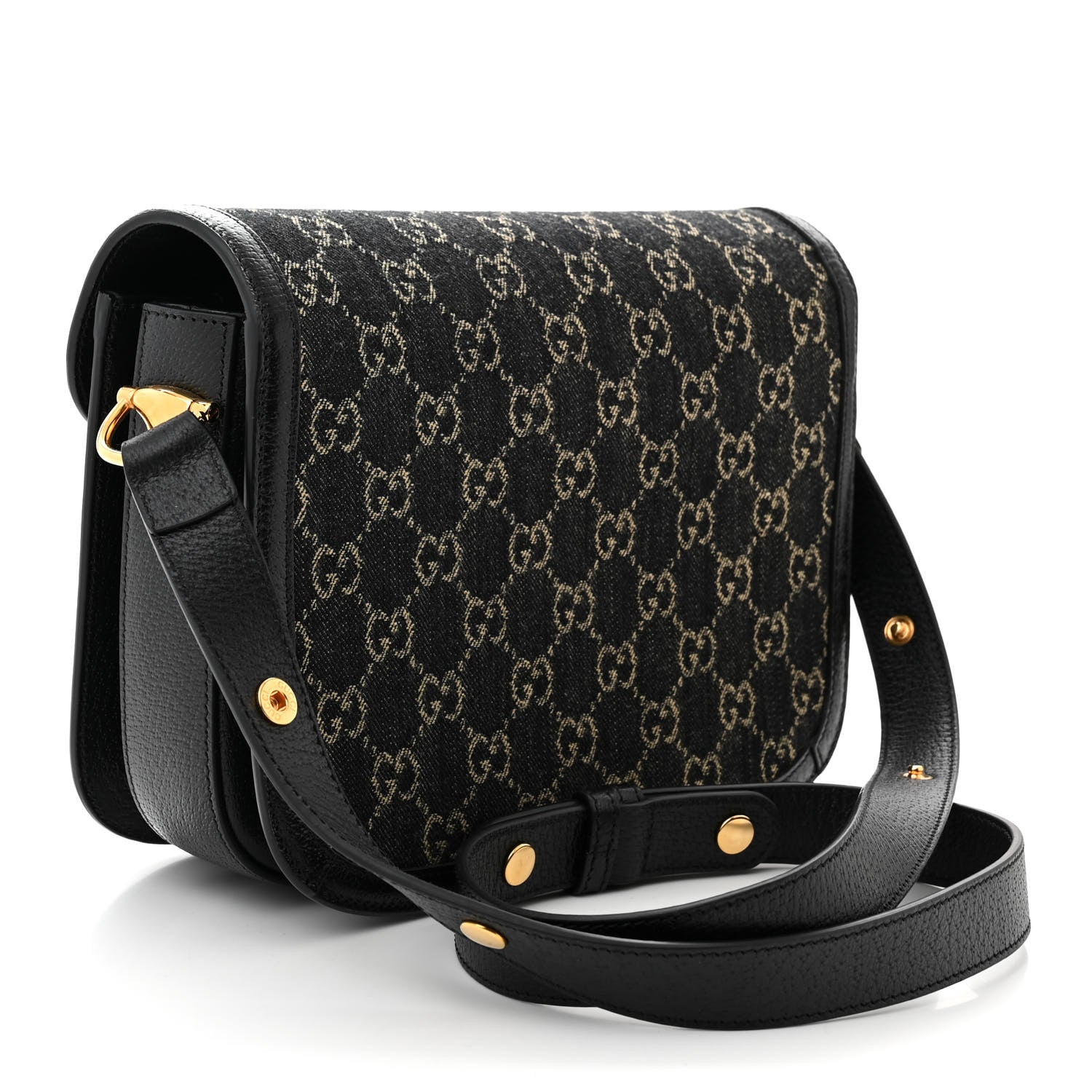 Gucci Jacquard Black Denim GG Monogram Textured Dollar Calfskin Horsebit 1955 Shoulder Bag Black Ivory 3 of 11