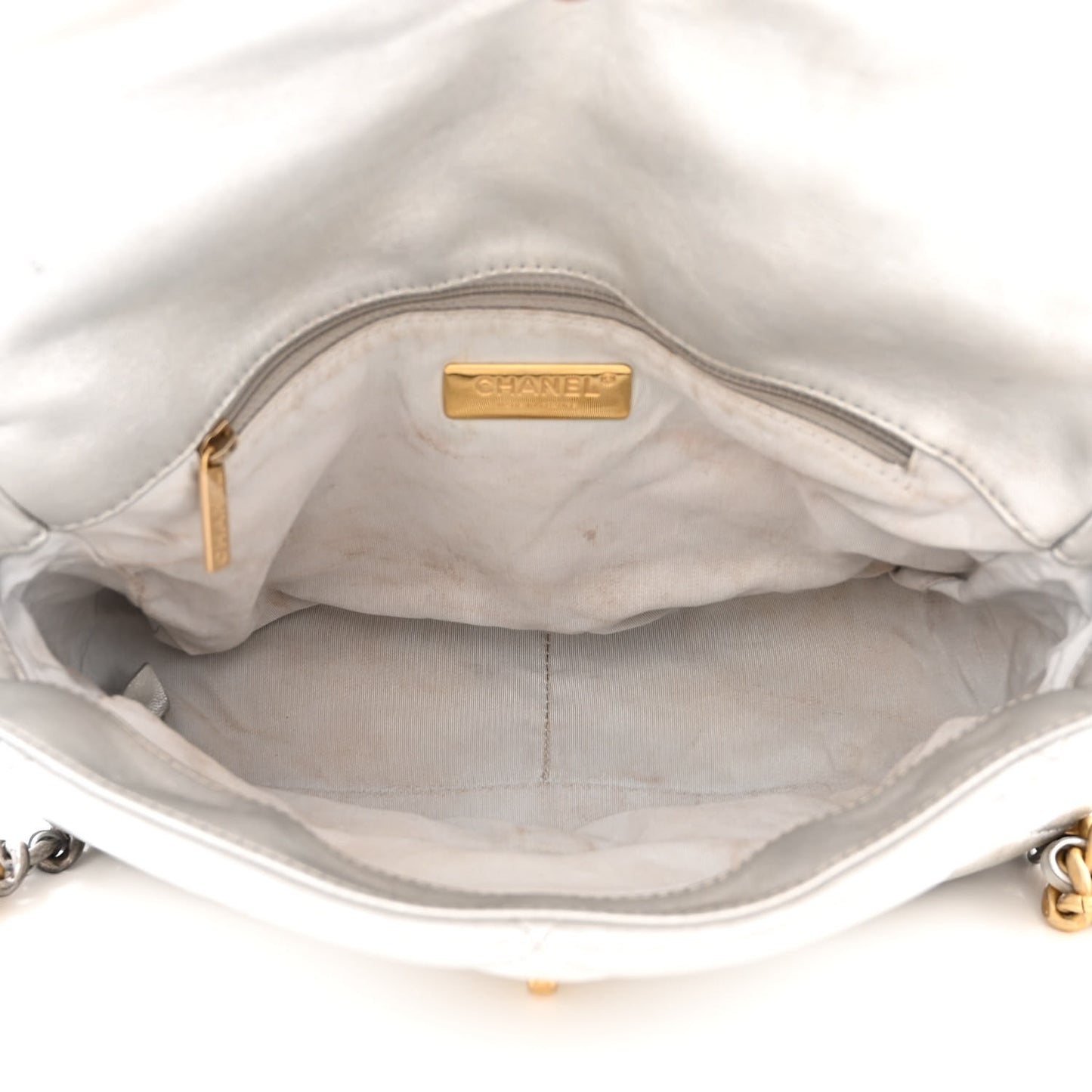 Metallic Lambskin Quilted Large Chanel 19 Flap Silver