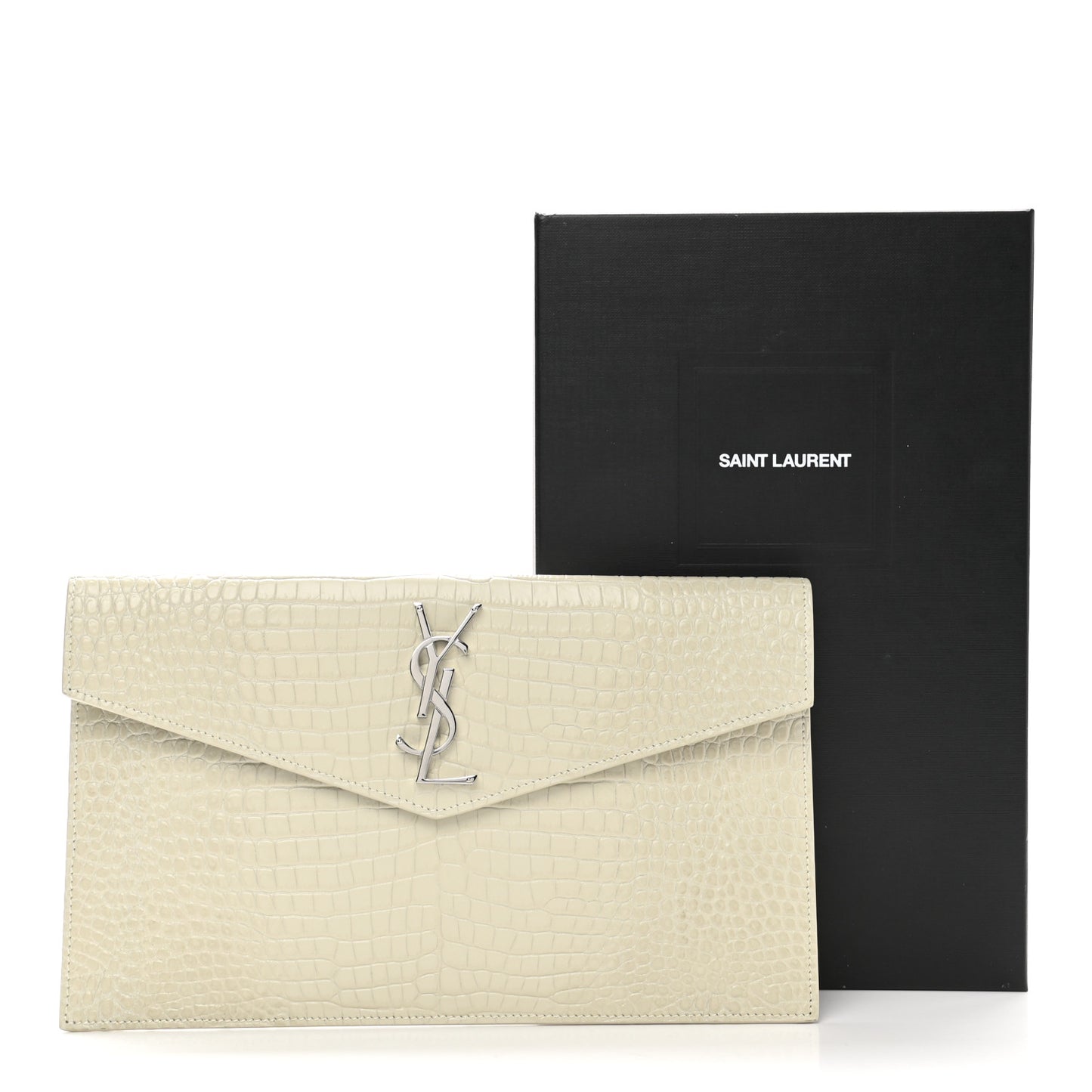 Calfskin Crocodile Embossed Uptown Monogram Pouch Crema Soft