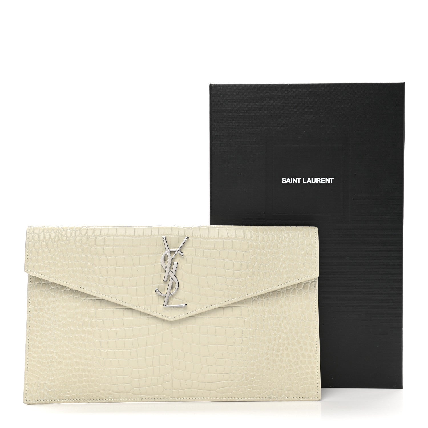 Saint Laurent Calfskin Crocodile Embossed Uptown Monogram Pouch Crema Soft 9 of 9