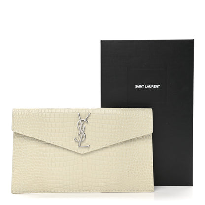 Saint Laurent Calfskin Crocodile Embossed Uptown Monogram Pouch Crema Soft 9 of 9