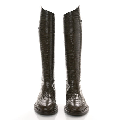 Fendi Calfskin Crocodile Embossed Karligraphy Logo Riding Boots 38 Maya 1 of 9