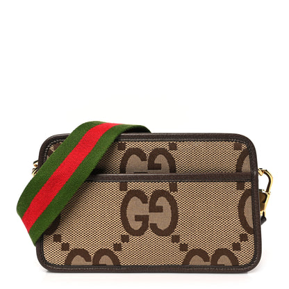 Gucci Monogram Jumbo GG Textured Dollar Calfskin Web Mini Crossbody Bag Camel Ebony New Acero 1 of 9