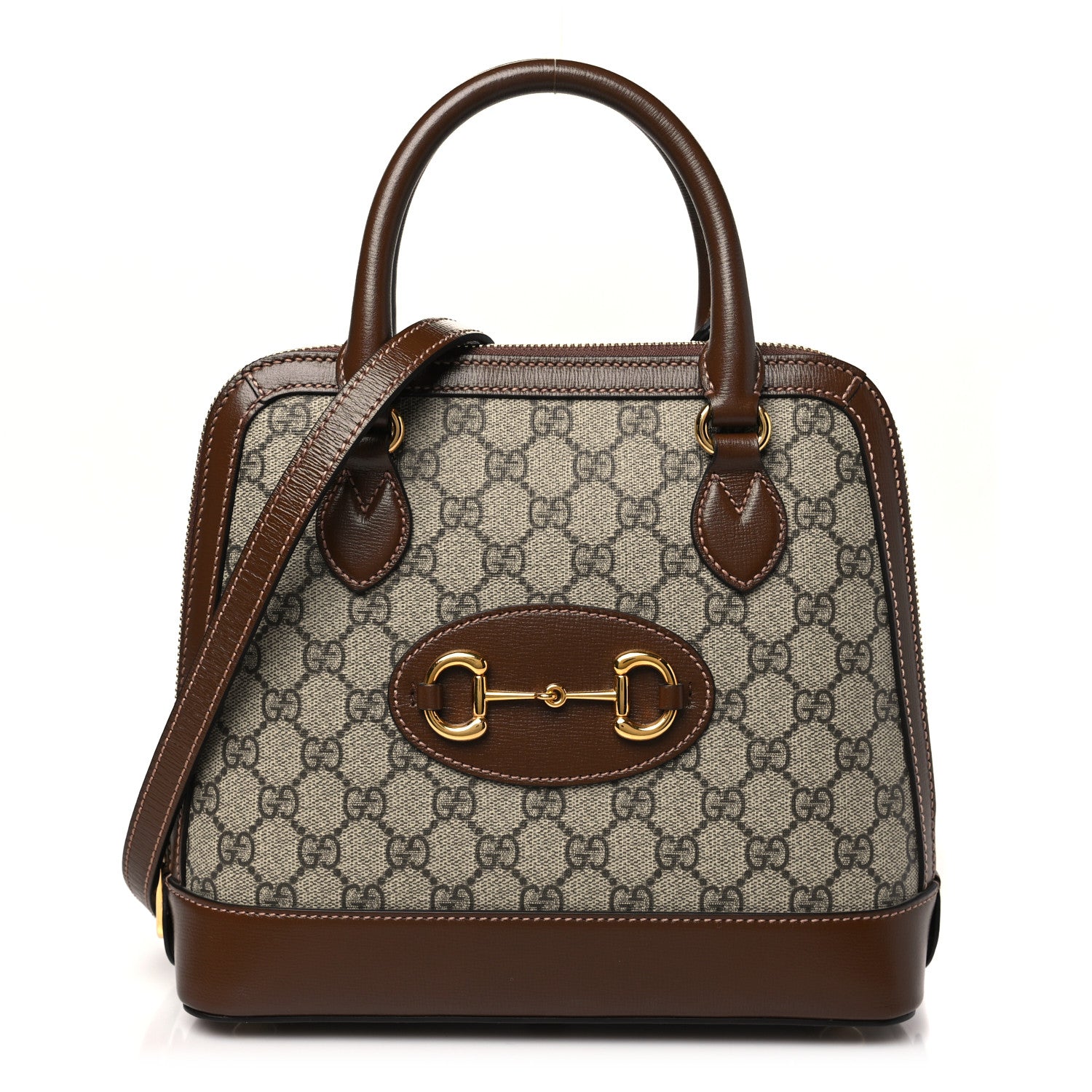 Gucci GG Supreme Monogram Azalea Calfskin Small Horsebit 1955 Top Handle Bag Beige Ebony Brown Sugar 1 of 11