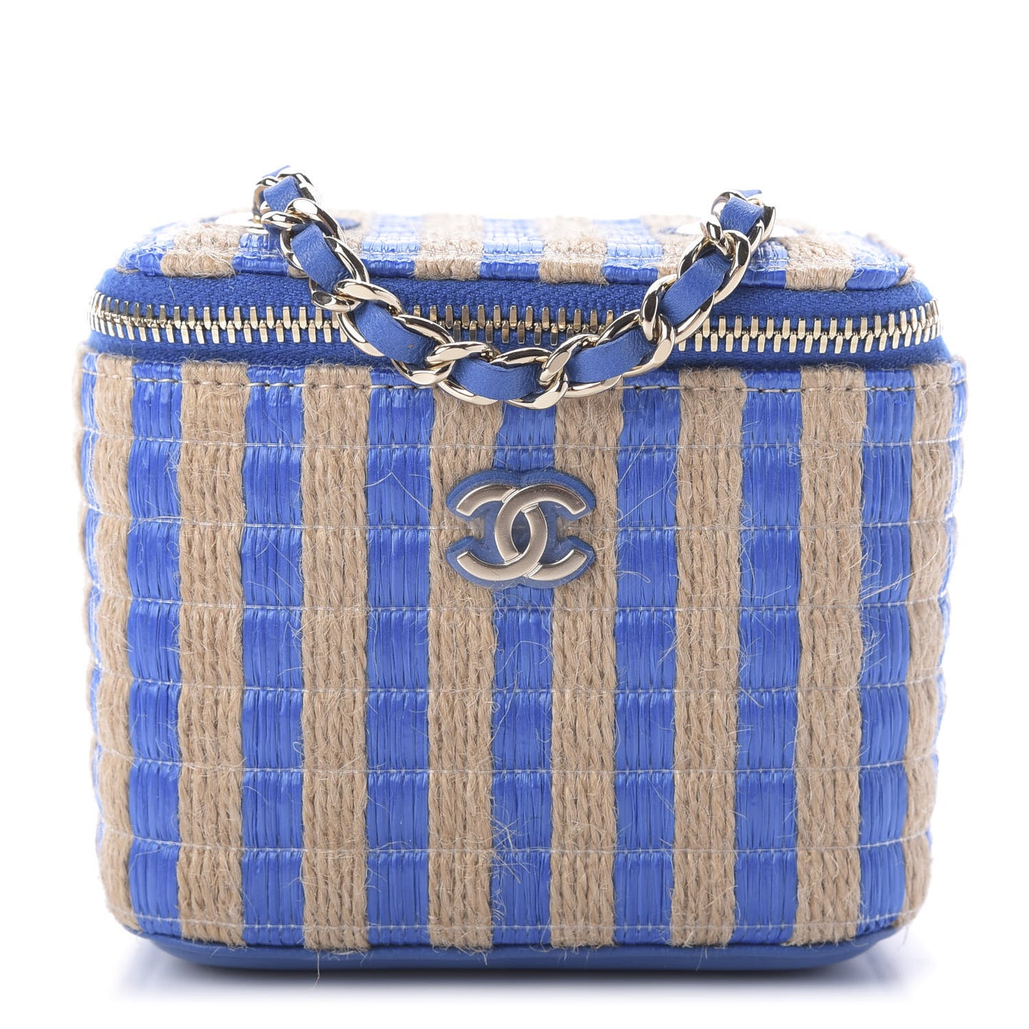 Raffia Jute Striped Mini Vanity Case With Chain Blue Beige