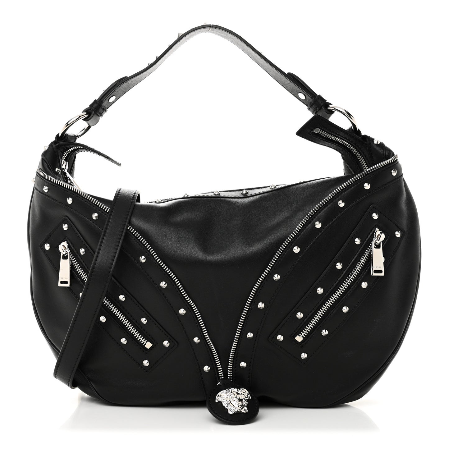Calfskin Studded Medium Repeat Zip Hobo Black