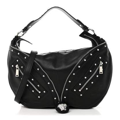 Versace Calfskin Studded Medium Repeat Zip Hobo Black 1 of 9