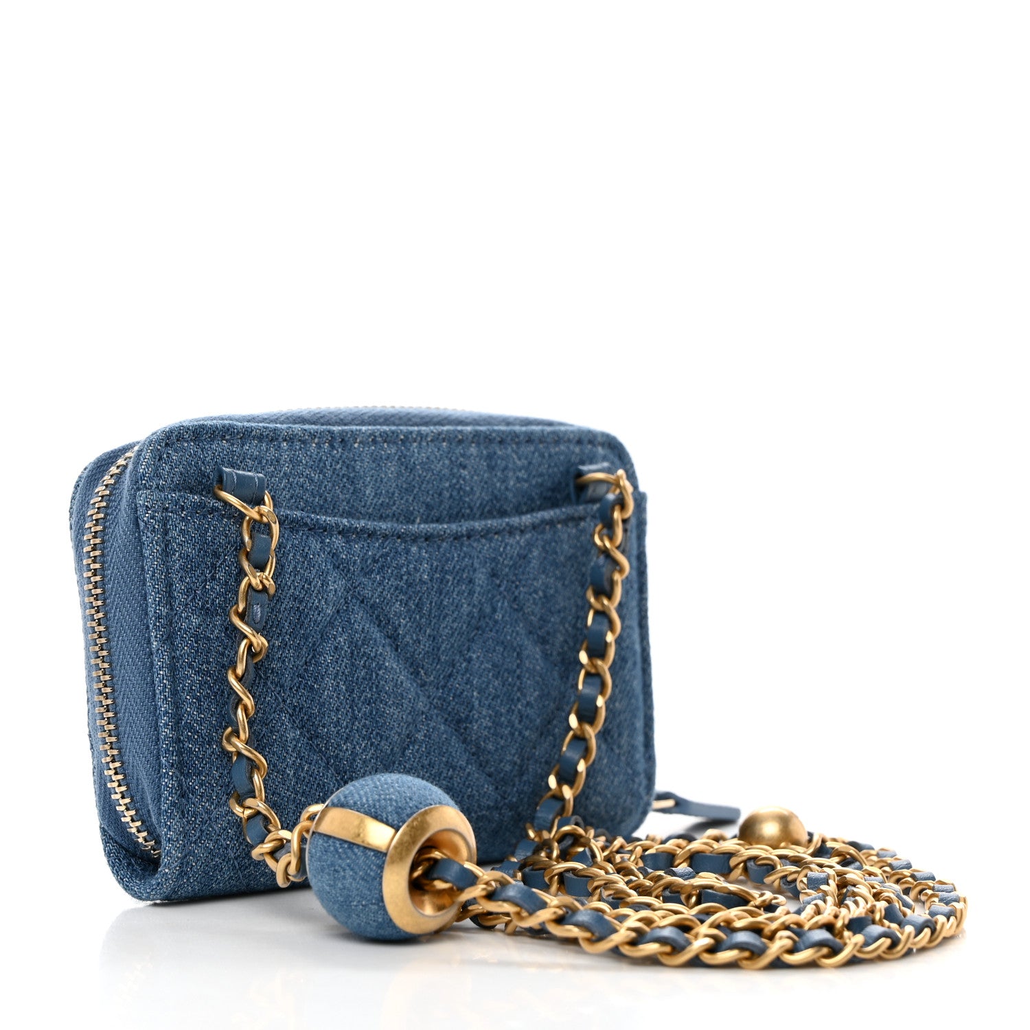 Chanel Denim Quilted CC Pearl Crush Zip Card Holder On Chain Blue 3 of 10