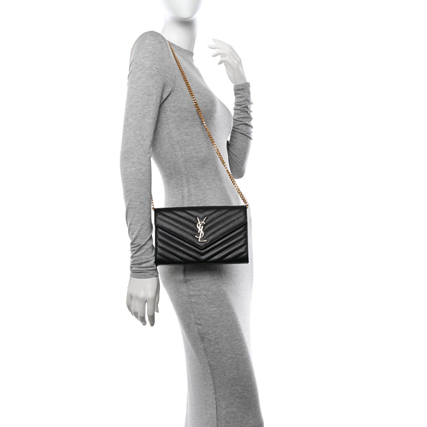 Saint Laurent Grain De Poudre Matelasse Chevron Monogram Chain Wallet Black 2 of 10