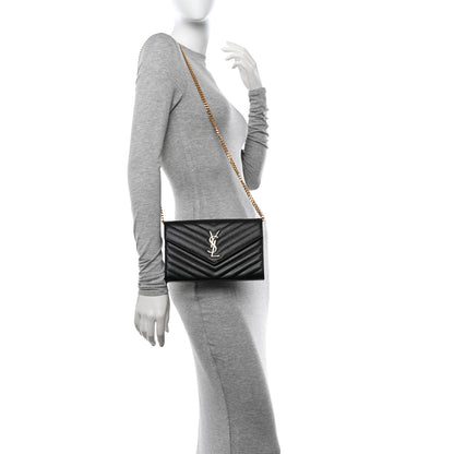 Saint Laurent Grain De Poudre Matelasse Chevron Monogram Chain Wallet Black 2 of 10