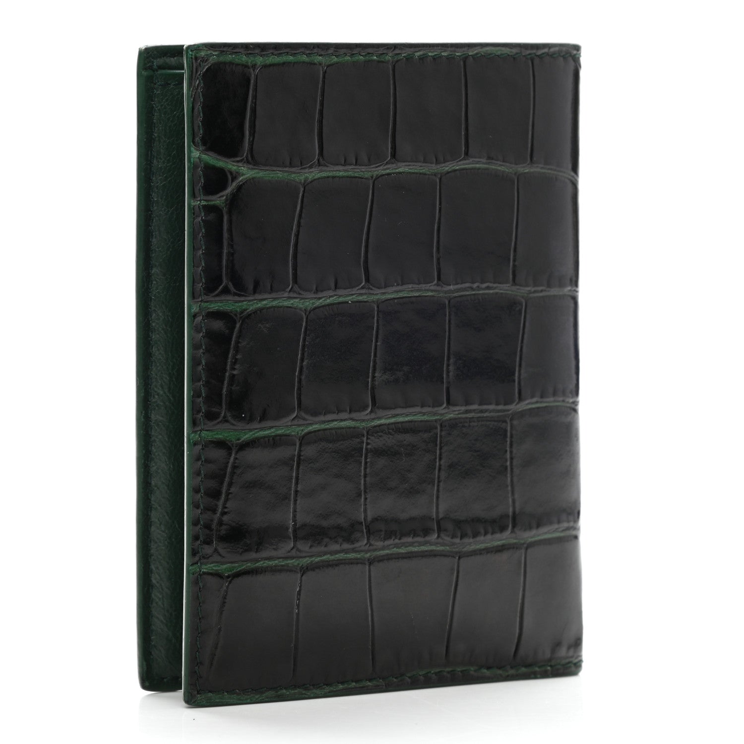 Balenciaga Semi Matte Calfskin Crocodile Embossed Logo Cash Vertical Card Case Dark Green White 3 of 9