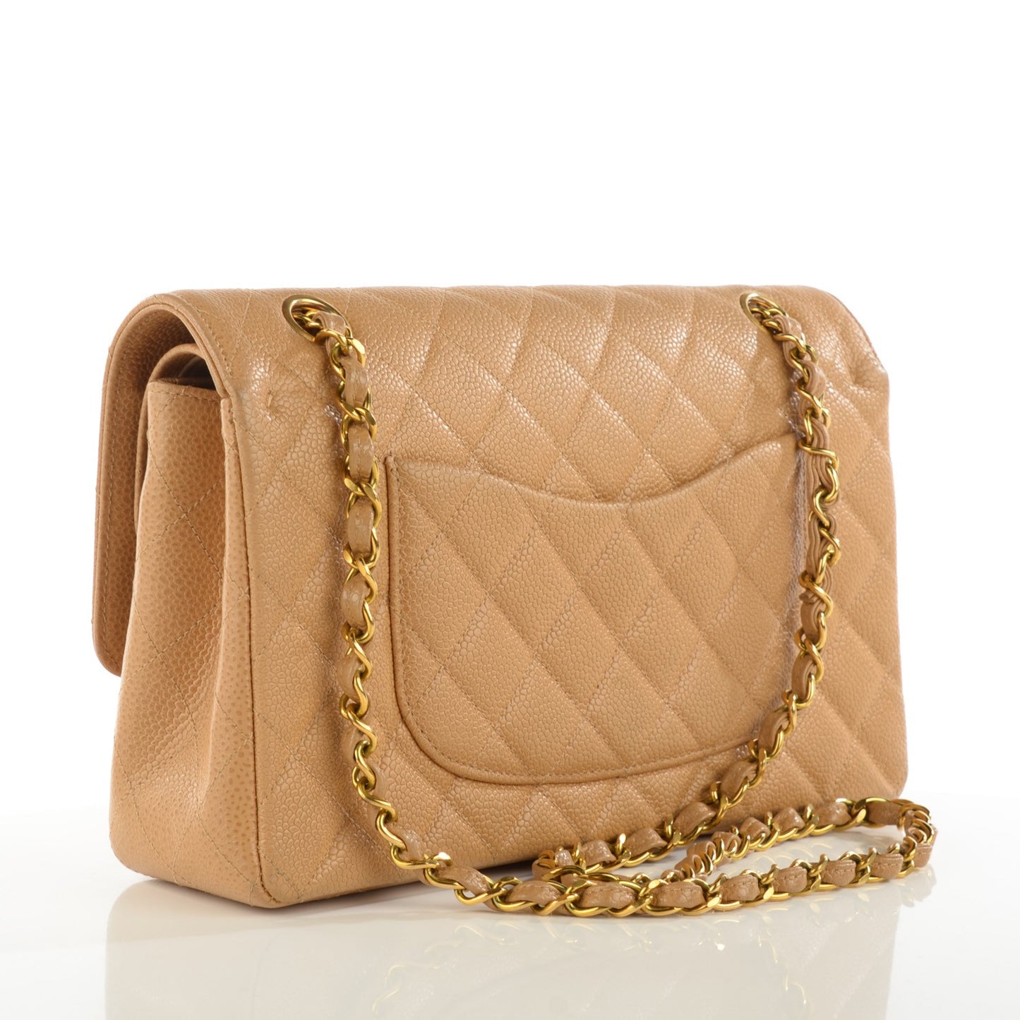 Caviar Quilted Medium Double Flap Beige