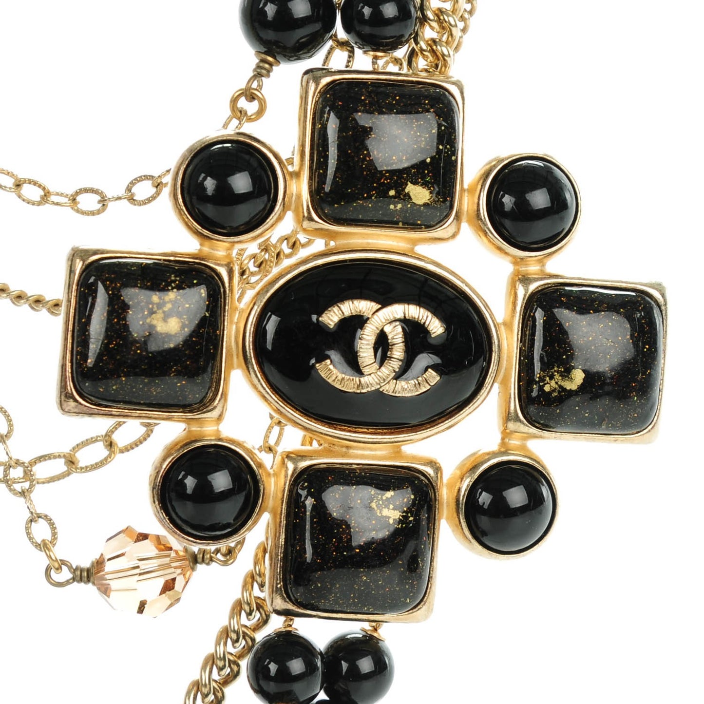 Gripoix Beaded CC Medallion Necklace Gold Black