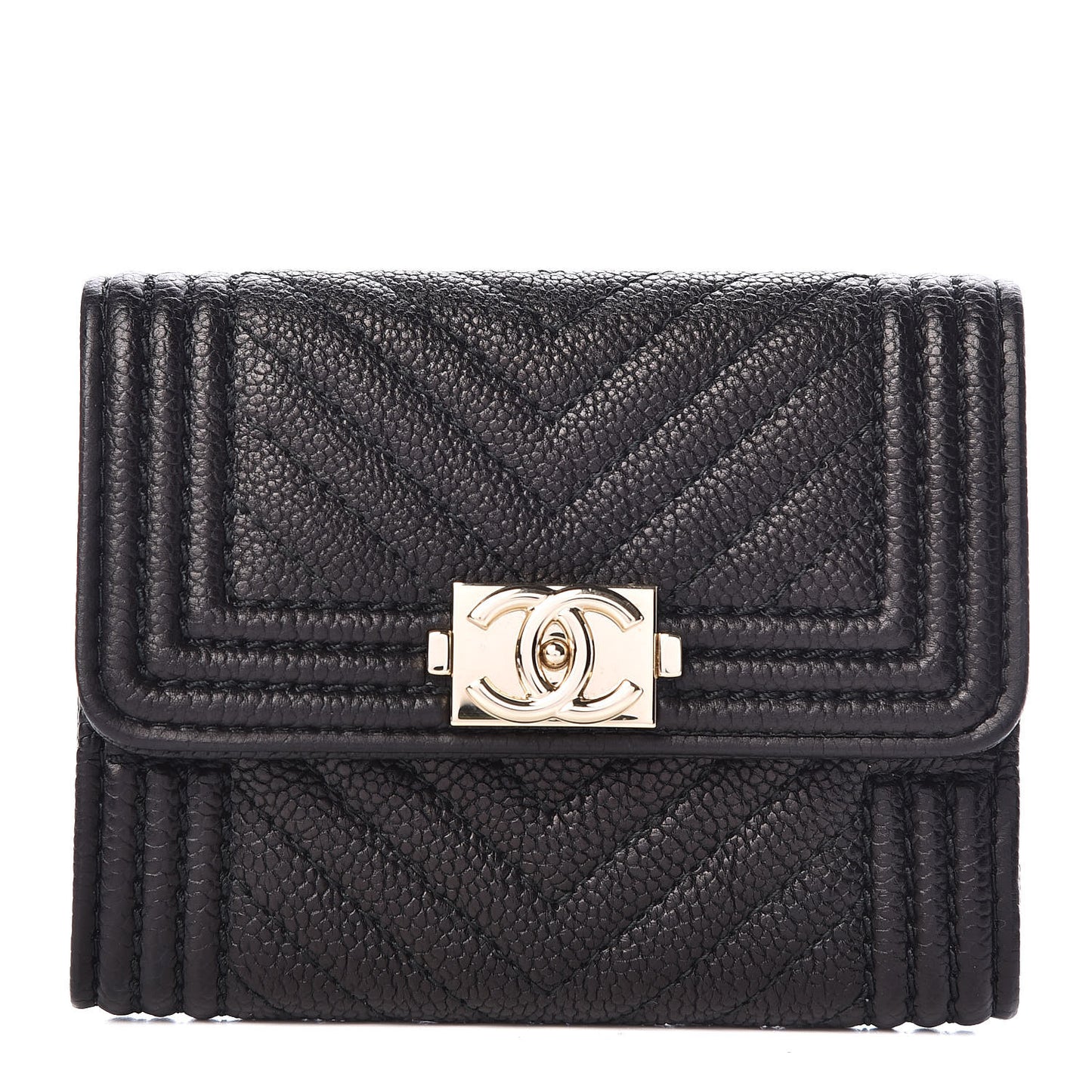 Caviar Chevron Quilted Boy Card Holder Wallet Black
