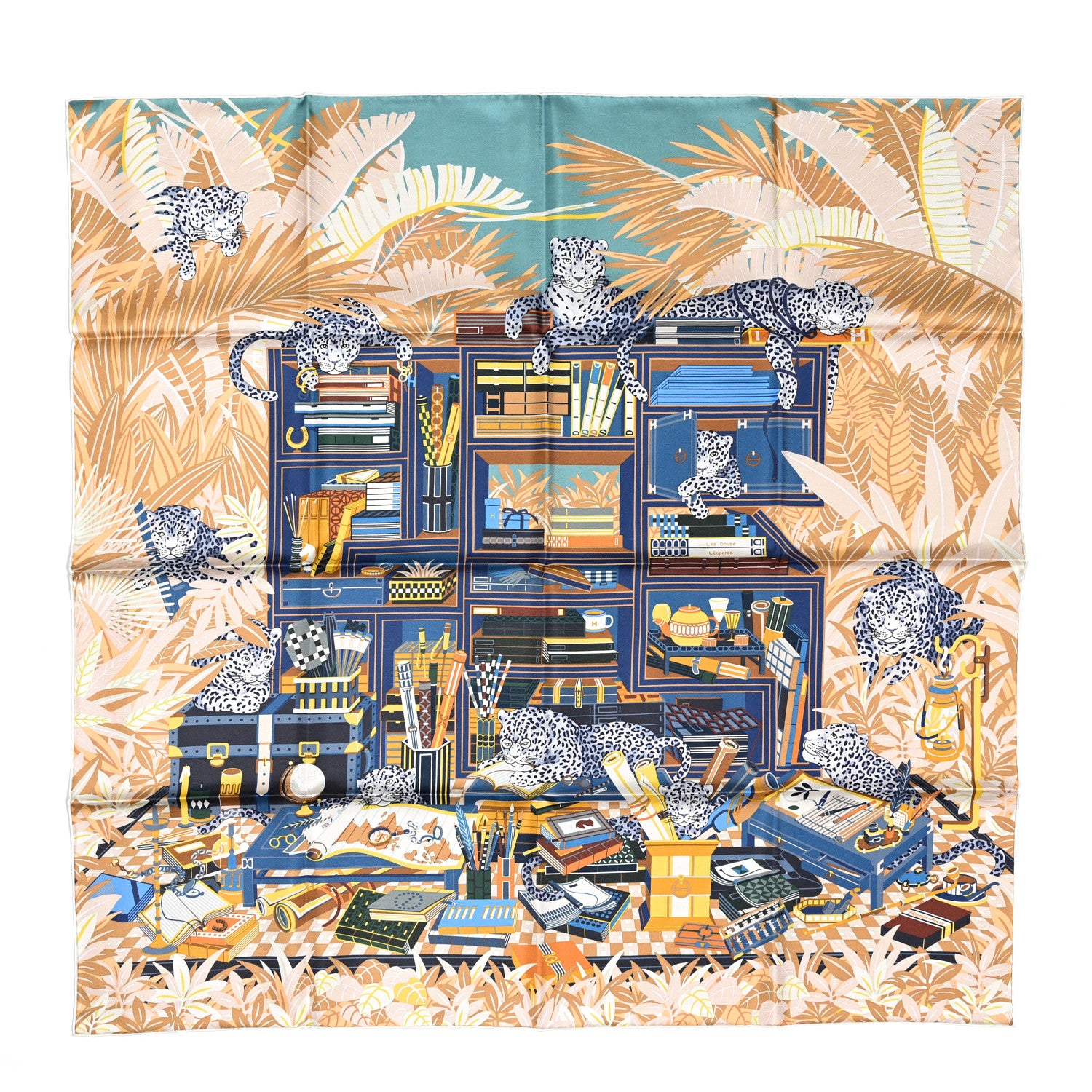 Hermes Silk Les Douze Leopards Scarf 90 Bleu Beige Jaune 1 of 6