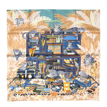Hermes Silk Les Douze Leopards Scarf 90 Bleu Beige Jaune 1 of 6