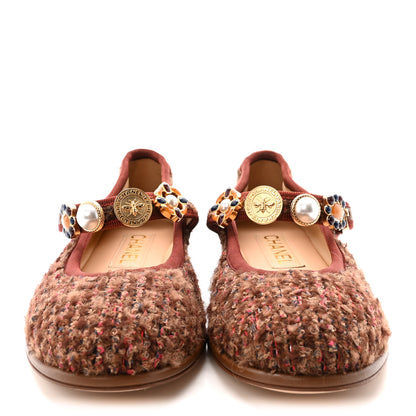 Chanel Wool Tweed Mary Jane Flats 37 Brown Red Dark Blue 3 of 10