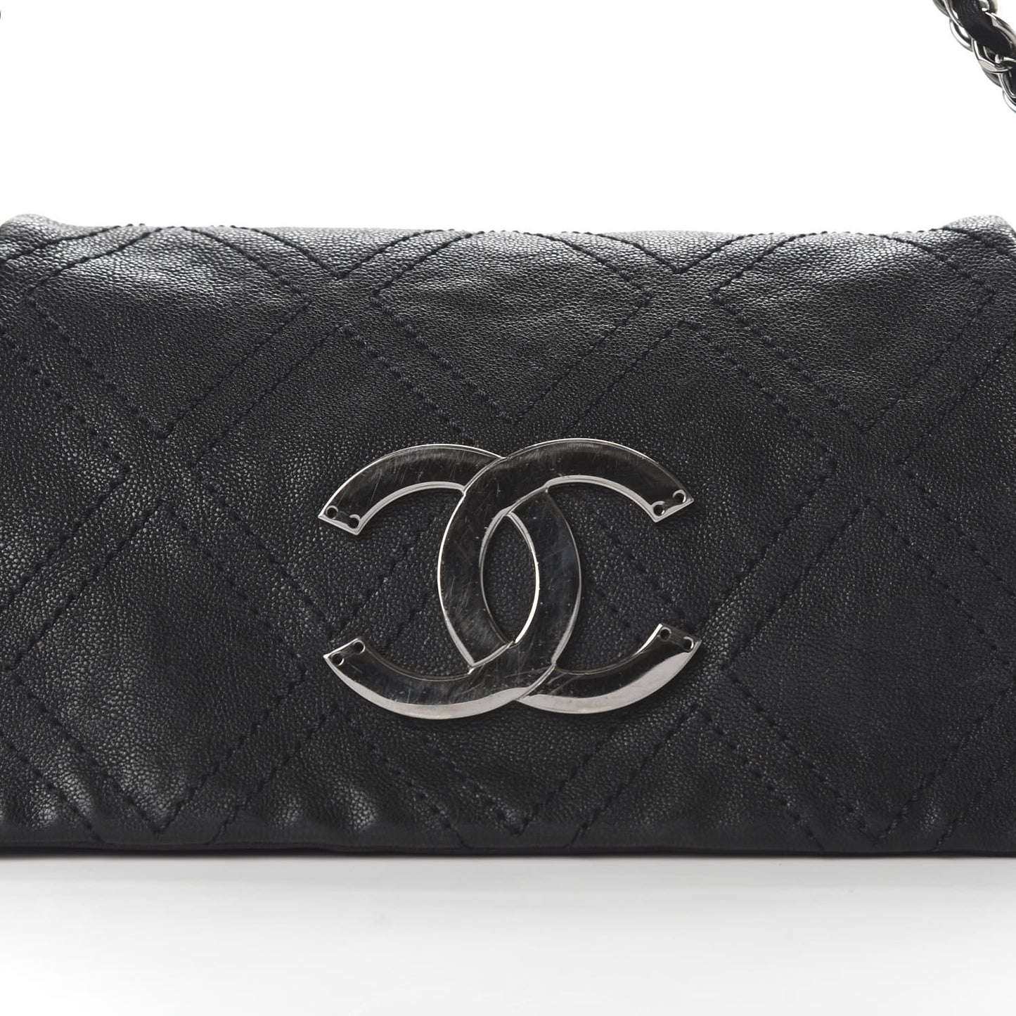 Calfskin Diamond Stitch Accordion Flap Black