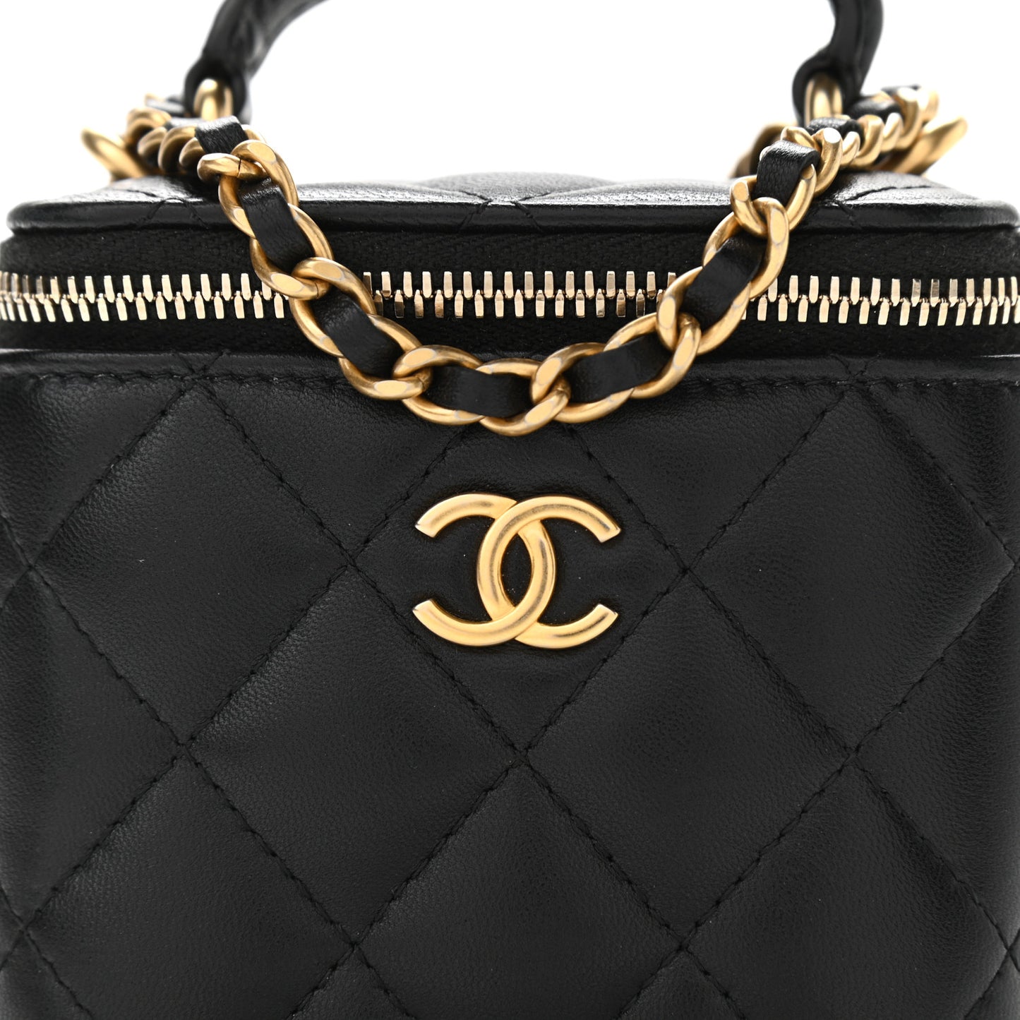Lambskin Quilted Top Handle Mini Vanity Case With Chain Black