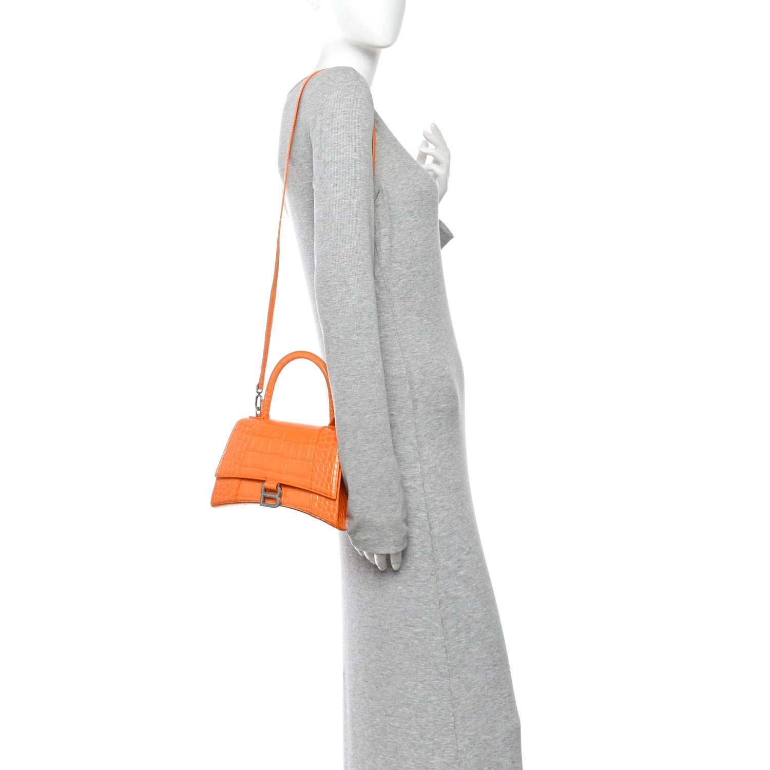 Balenciaga Shiny Calfskin Crocodile Embossed Small Hourglass Top Handle Bag Pop Orange 2 of 12
