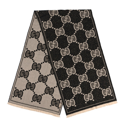 Gucci Wool Lame Jacquard Monogram Jumbo GG Lady Nest Lux Scarf Black Ivory 2 of 3