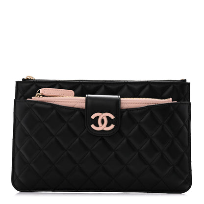 Chanel Lambskin Quilted Sunset Boulevard Pouch Case Black Pink 1 of 9
