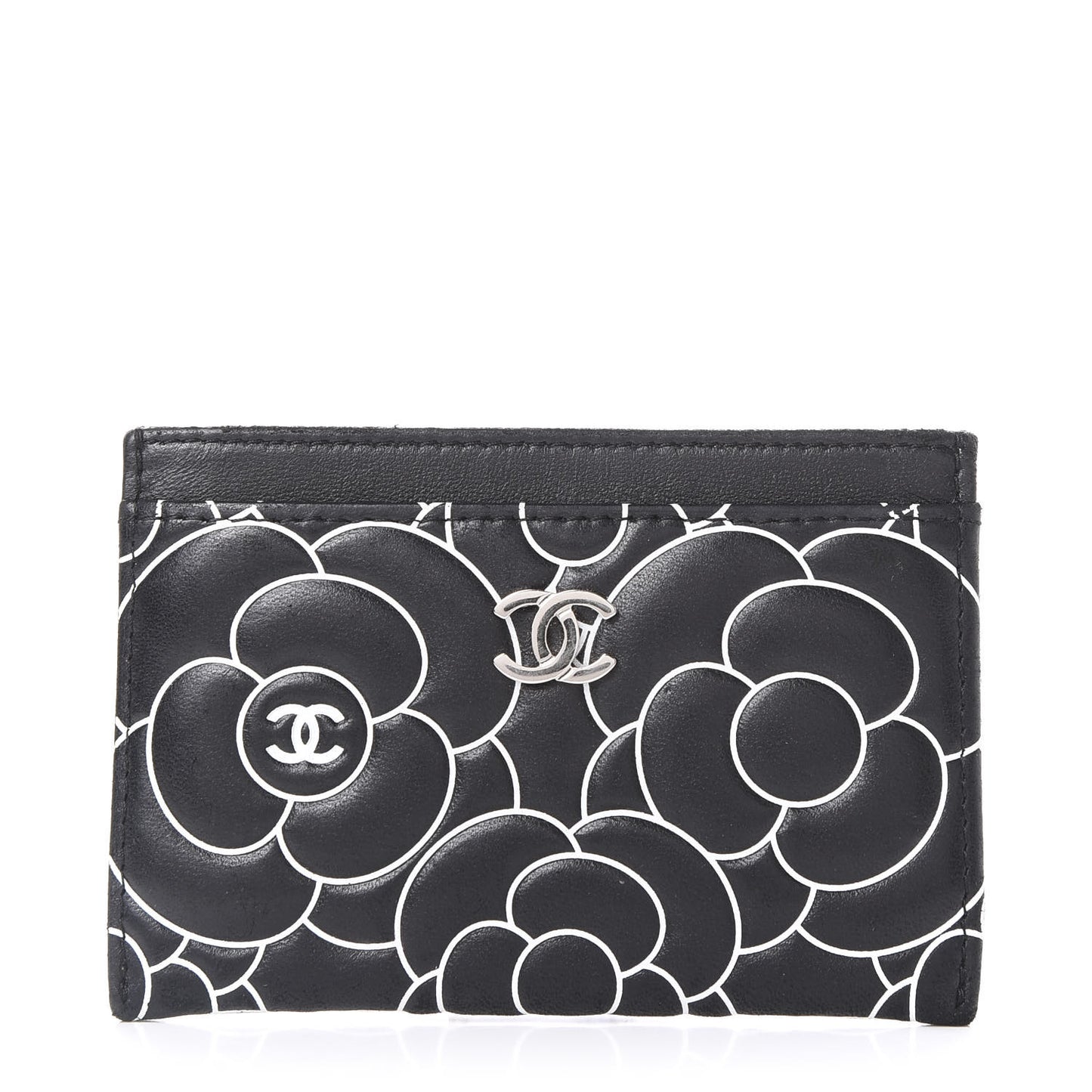 Lambskin Camellia Embossed Card Holder Black White