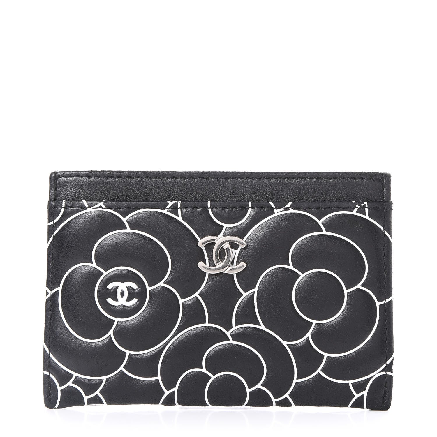 Chanel Lambskin Camellia Embossed Card Holder Black White 1 of 11