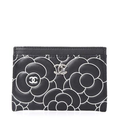 Chanel Lambskin Camellia Embossed Card Holder Black White 1 of 11