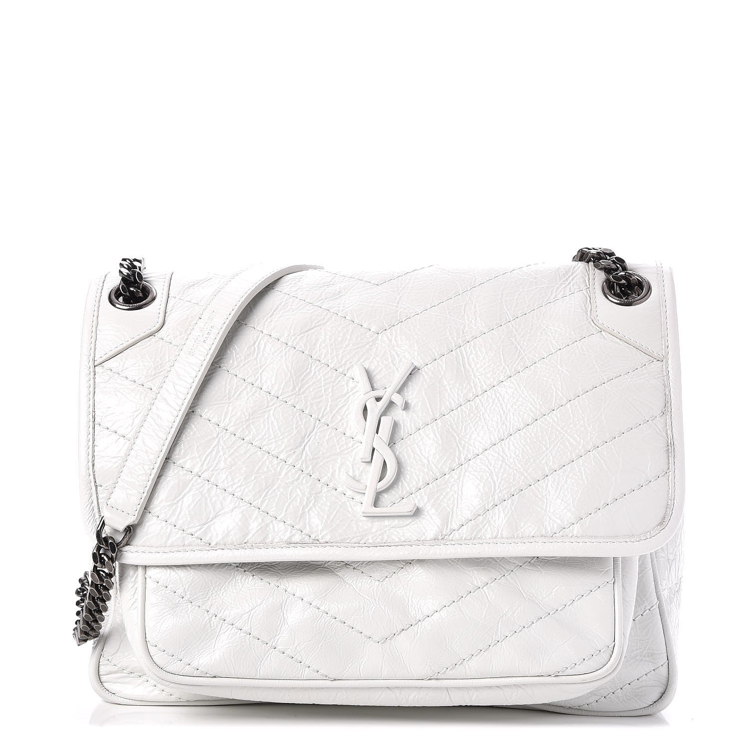 Saint Laurent Crinkled Calfskin Matelasse Monogram Medium Niki Chain Satchel Dirty White 1 of 8