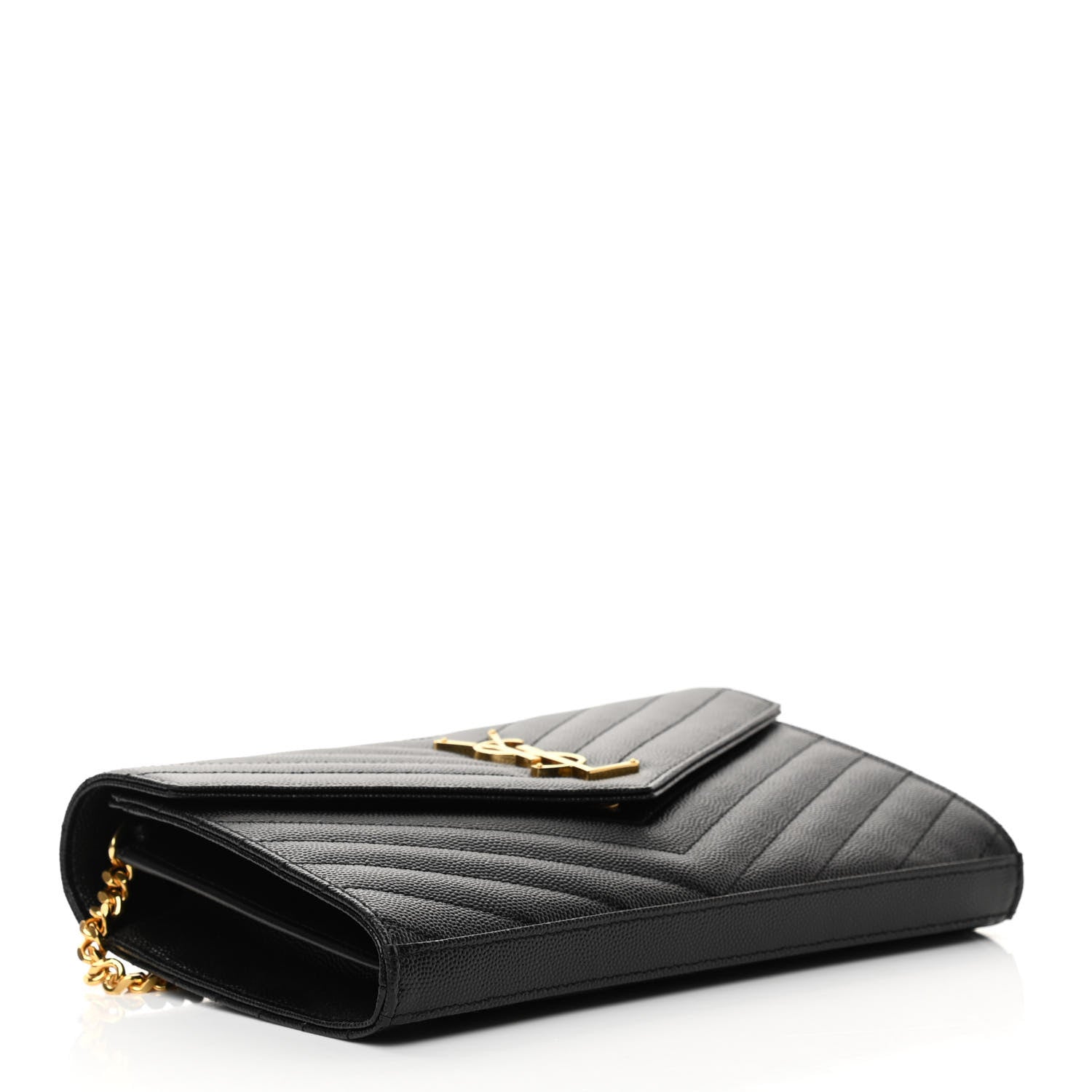 Saint Laurent Grain De Poudre Matelasse Chevron Monogram Chain Wallet Black 4 of 10