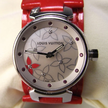Louis Vuitton Stainless Steel Vernis Diamond Ruby Mother of Pearl 28mm Tambour Quartz Watch 4 of 7