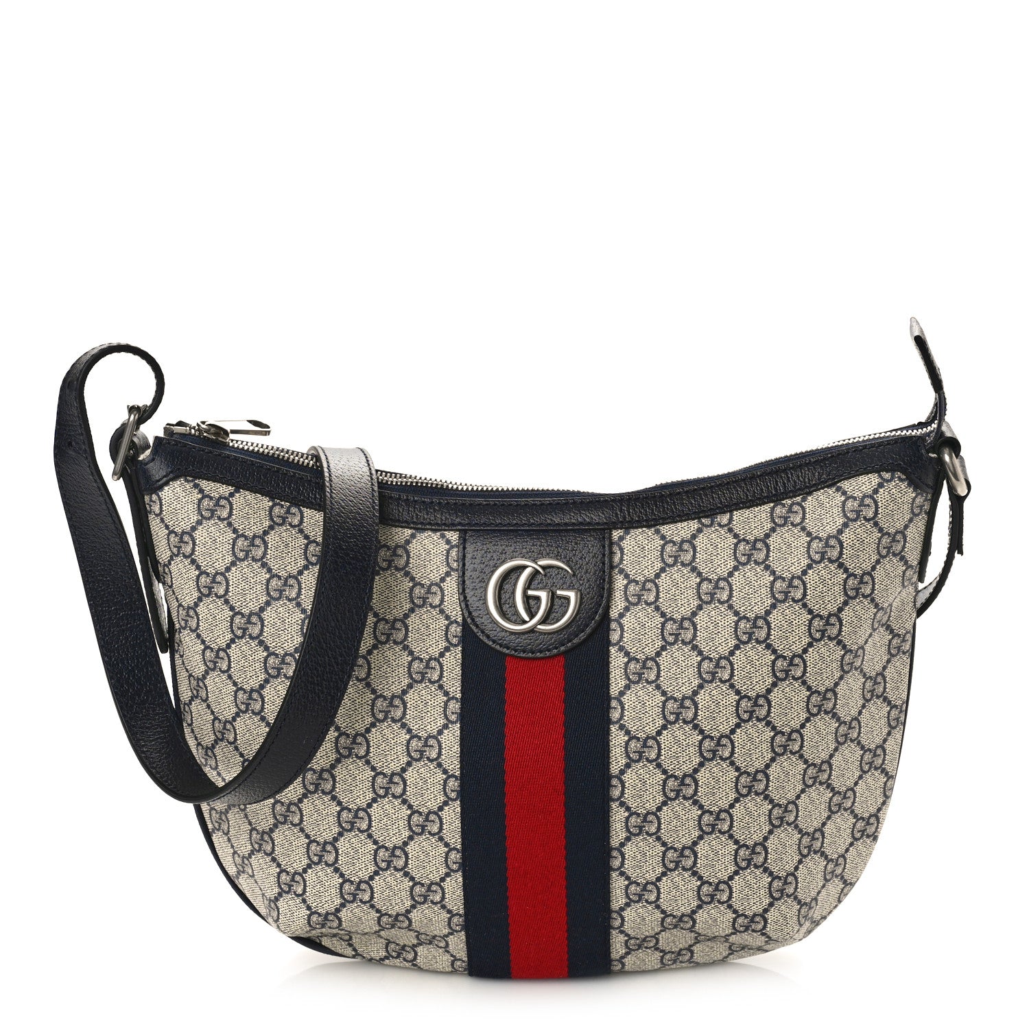 Gucci GG Supreme Monogram Textured Dollar Calfskin Web Small Ophidia Half Moon Hobo Beige Blue 1 of 8
