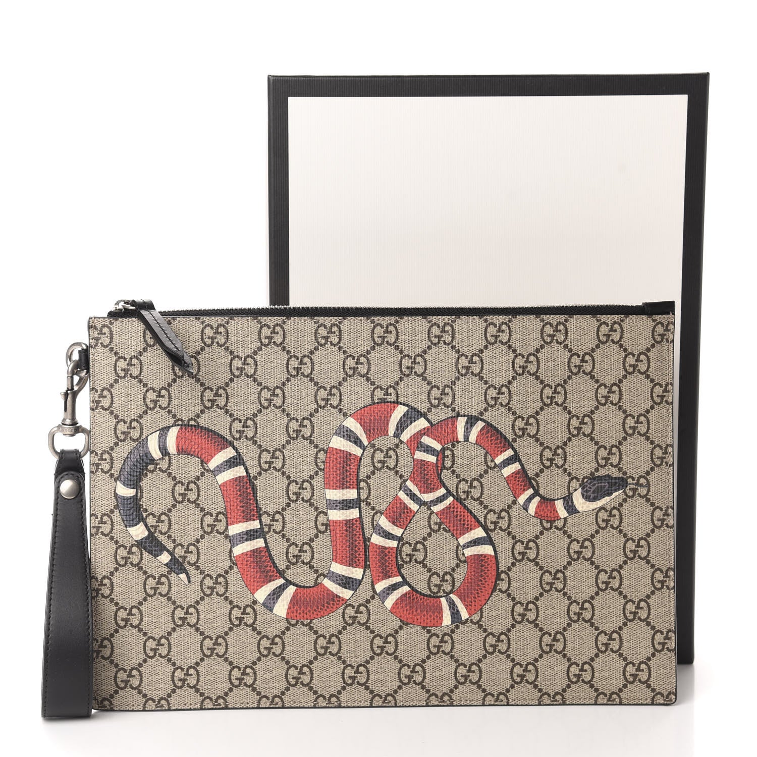 Gucci GG Supreme Monogram Kingsnake Zip Wristlet Pouch Beige Black 8 of 8