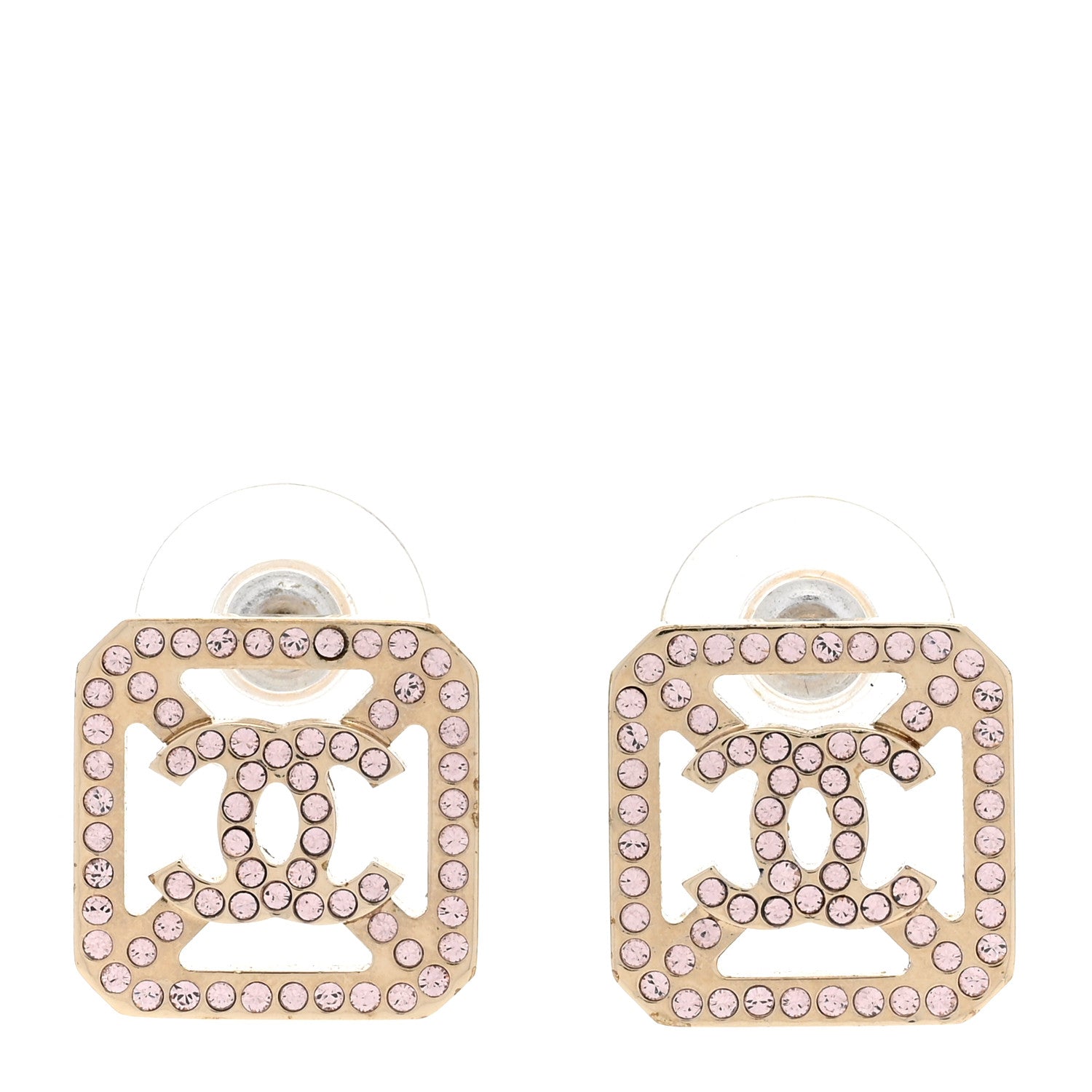 Chanel Crystal CC Square Earrings Gold Pink 1 of 4