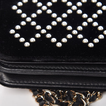 Chanel Velvet Pearl Diamond Embellished Wallet On Chain WOC Black 18 of 19